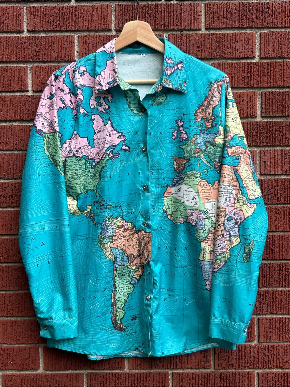 Vintage World Map Print Button Up Shirt Men's M Teal Petermann Cartography